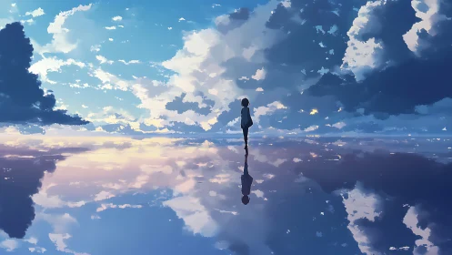 Quiet skywalker meets endless clouds on a mirrored horizon