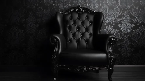 Velvety black armchair in a softly lit, elegant corner.