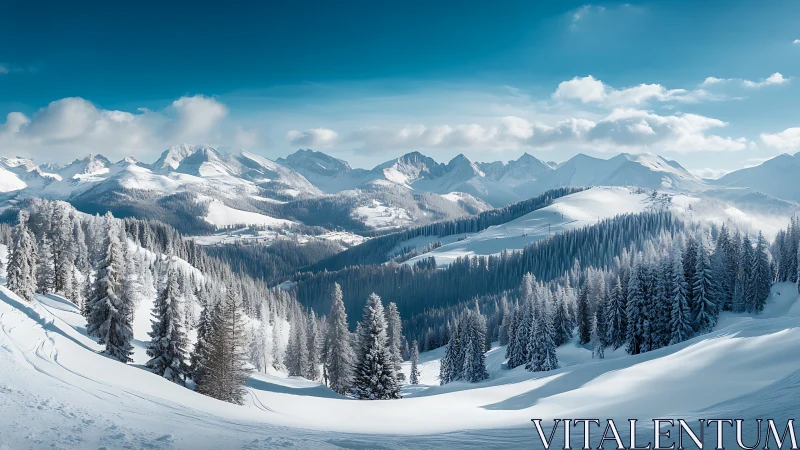 Snow-covered conifer forest across alpine mountain slopes.