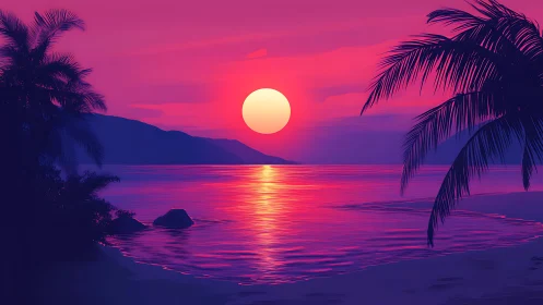 Neon tropical sunset over calm ocean lagoon shore.
