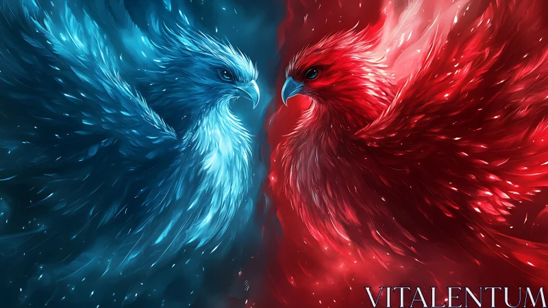 Majestic Blue and Red Birds Face Off in Vibrant Digital Art.