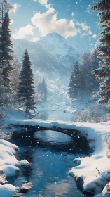 Snowy stone bridge over alpine river in winter light.