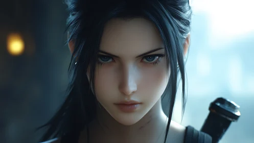 Digital portrait of focused swordswoman in cool tonal chiaroscuro.