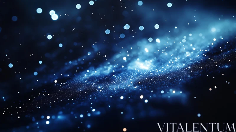 Cosmic blue particles drift across a glowing starfield.