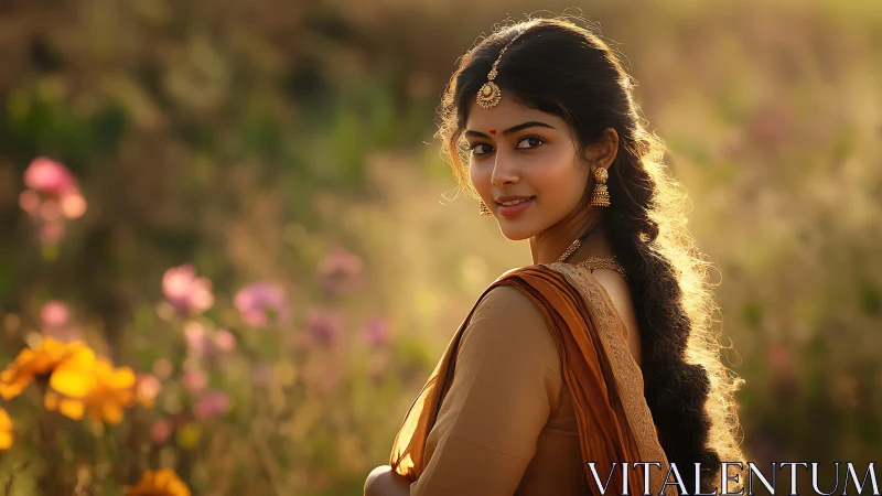 Elegant woman in traditional attire with jewelry, golden hour glow.
