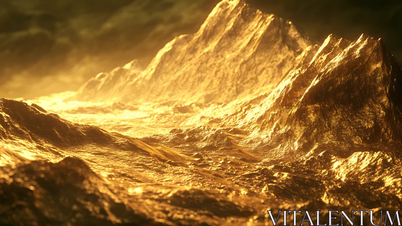 Glowing golden mountains rise like waves in soft warm light