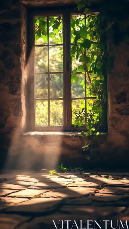 Sunlit stone interior window with climbing green foliage
