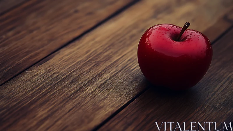 Glossy red apple resting softly on rustic wood table.