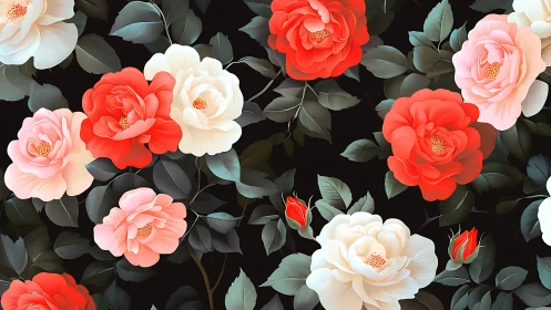 Blooming Garden: Red, Pink & Cream Roses Against Dark Foliage.