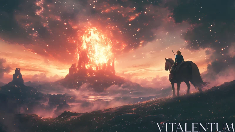 Knight on horseback observing erupting citadel at dusk.