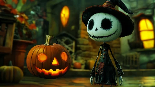 Whimsical skeleton child meets glowing jack o lantern at dusk