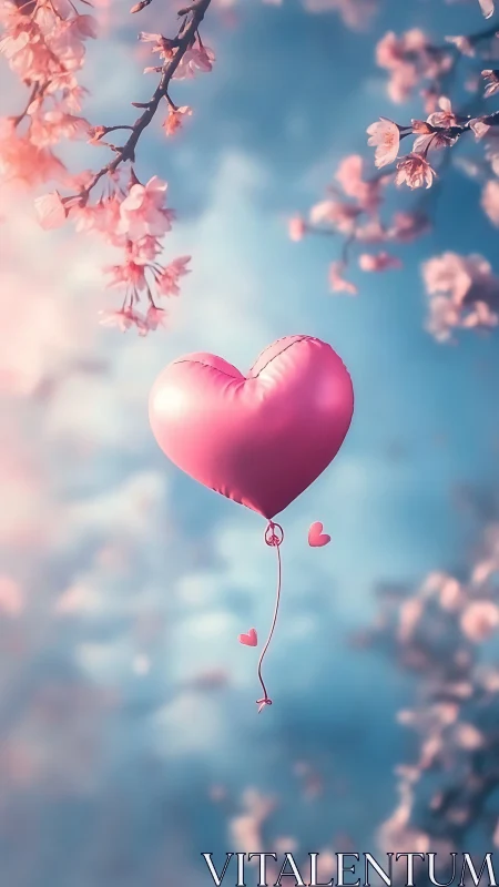Pink Heart Balloon Rising Among Cherry Blossoms Against Clear Blue Sky.