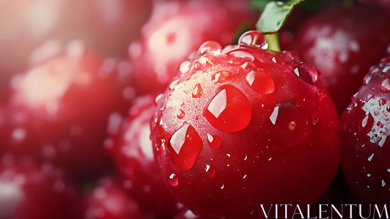 Macro red berry close-up with luminous water droplets.
