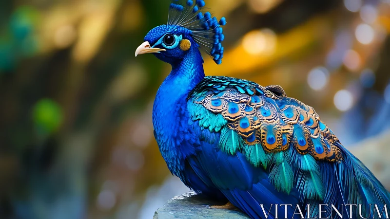 Vibrant blue peacock in sunlight, detailed and colorful nature photo.