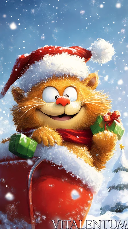 Snow-sparkled Santa cat sailing a sleigh of giggles.