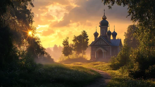 Golden mist chapel along a wandering forest pathway at dawn.