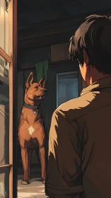 Quiet doorway moment where a loyal dog meets its person