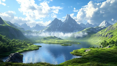 Photorealistic alpine lake valley under dynamic summer clouds