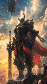 Armored dark knight overlooking burning sky citadel.