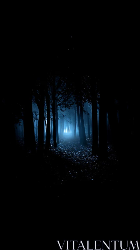 Dense forest at night with blue backlight through trees.