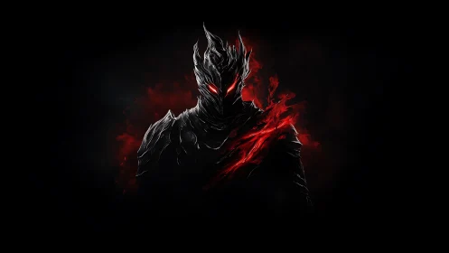 Armored dark figure with glowing red eyes and energy slash