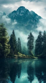 Mist-kissed mountain forest rises over a calm reflective lake