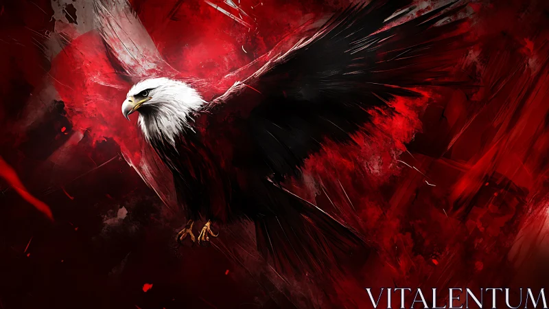 Majestic Bald Eagle in Flight, Abstract Red and Black Art.