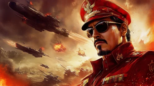 Digital painting of war general amid cinematic sky battle.