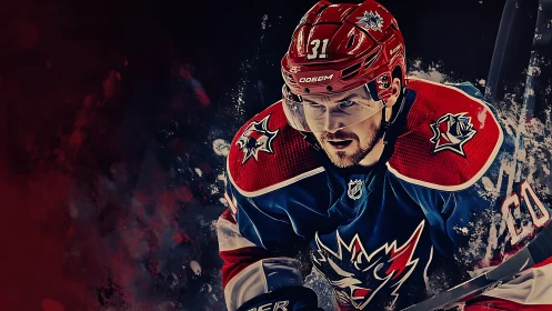 Ice hockey player charges forward in stylized action portrait