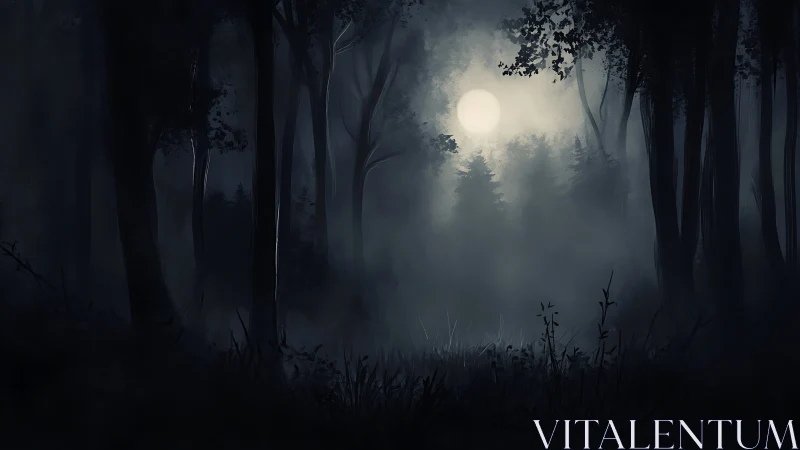 Moonlit forest landscape with tall trees and atmospheric mist