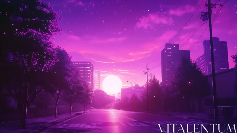 Neon dusk boulevard under candy violet moonrise glow.