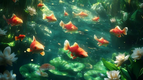 Digital koi shoal in luminous aquatic garden tableau.