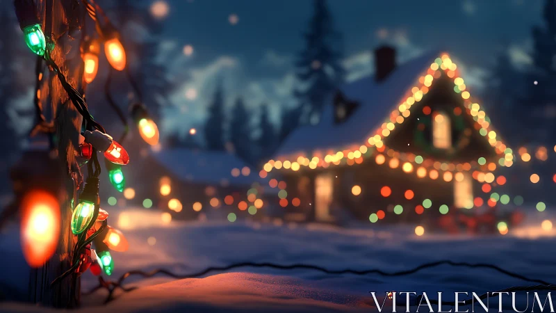 Winter cabin exterior with glowing multicolor holiday lights.