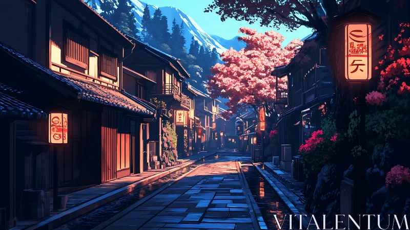 Twilight-lit traditional Japanese street with cherry blossoms