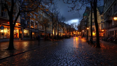 Cobblestone city street reflects warm lights after rainfall