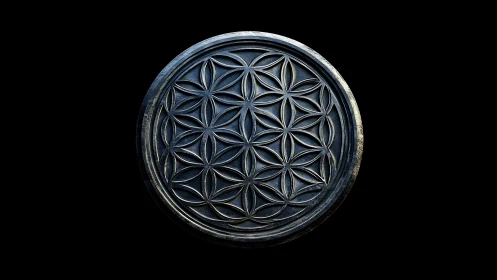 Midnight metal mandala with interlocking flower circles.