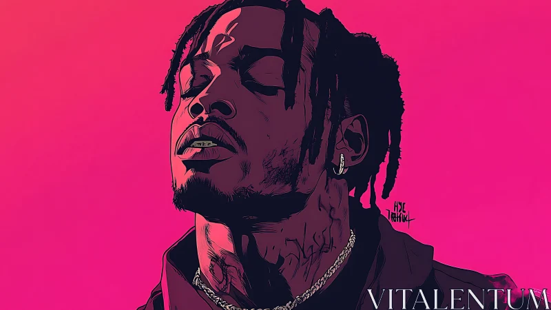 Digital portrait of male figure on uniform magenta field.