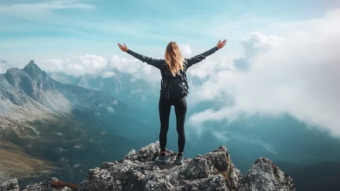 Solo hiker celebrating summit above dramatic mountain clouds.