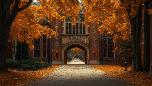 Collegiate Gothic archway framed by symmetrical autumn foliage and path