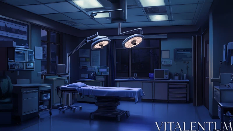 Sterile surgical suite under cool blue nocturnal lighting.