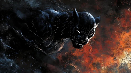 Fierce black panther leaping through swirling fire and shadow.