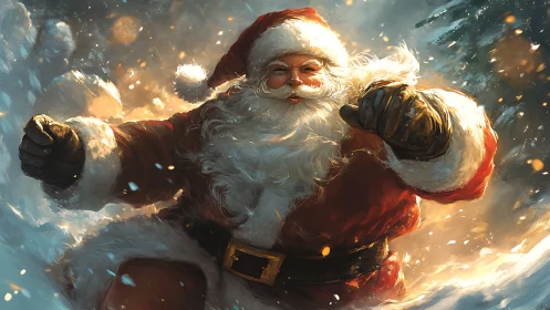 Red-suited bearded figure in active snow scene depiction.