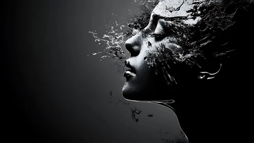 Monochrome profile dissolves into fluid particulate abstraction