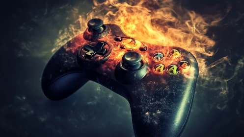 Gaming Controller in Flames: Digital Surrealism with Fiery Texture.