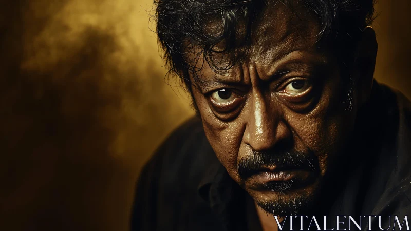 Intense close-up portrait of older man with serious gaze.