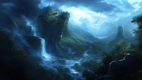 Mountain river landscape with waterfalls under dense clouds.