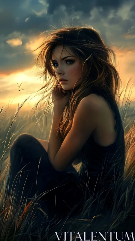Golden-hour girl sits in quiet fields and thoughtful light