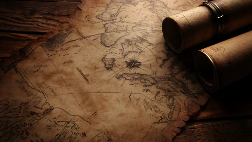 Weathered nautical treasure map with rolled parchment scrolls.