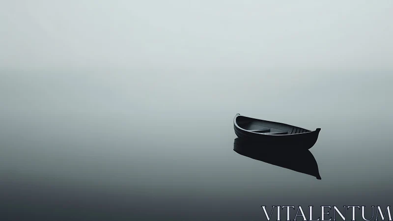 Quiet wooden rowboat drifting on calm silvery water.