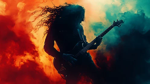 Silhouetted rock guitarist divides fiery and cyan nebular smoke